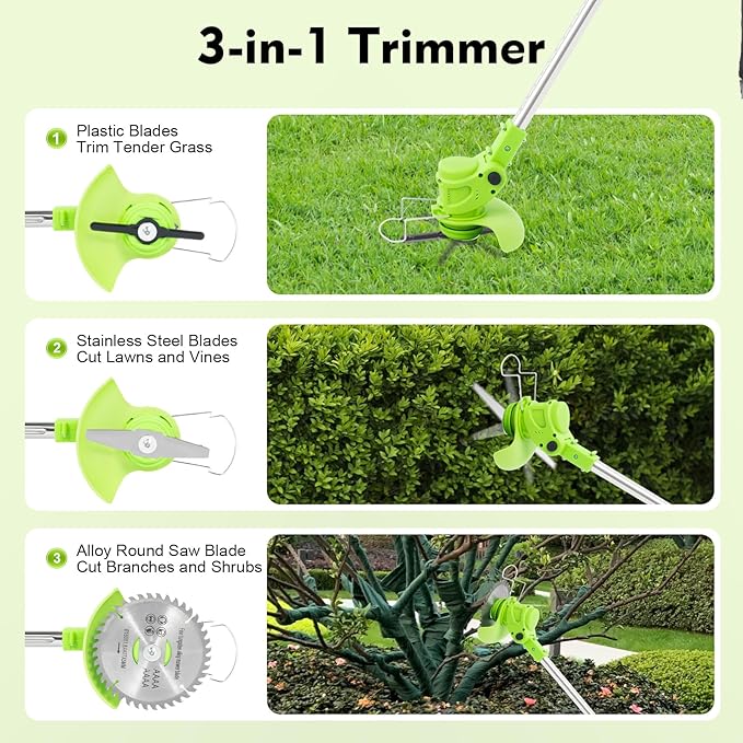 21V Cordless String Trimmer, 5.9" Electric Weed Wacker with 2 × 1.0Ah Battery and Charger 3-in-1 Lawn Mower Grass Trimmer Edger Lawn Tool for Weeds Branches Shrubs