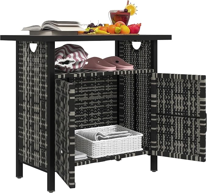 Outsunny Outdoor Pool Towel Storage Cabinet Organizer, Outdoor Bar Table with Shelf and Cabinet, Pool Towel Holder Pool Valet with Weather-Resistant PE Rattan and Steel Frame, Mixed-Gray