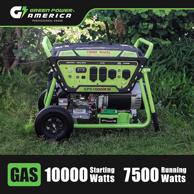 Green-Power America 10000 Watt Gasoline Powered Generator, Electric & Recoil Start, 12V/8.3A Charging Outlets, Whole House Backup & RV Ready, 49 State EPA Approved (Not for California Sale)