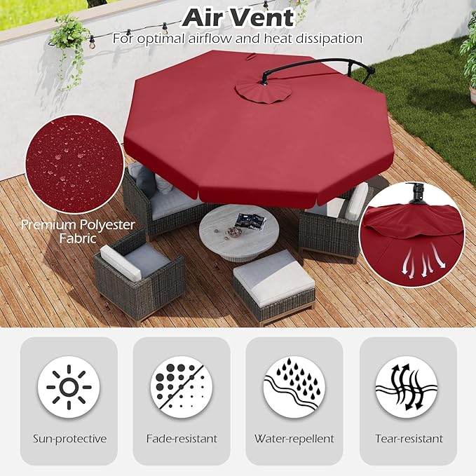 Tangkula 10FT Offset Hanging Umbrella with Cover, Patio Cantilever Umbrella w/ Easy Tilt Adjustment, Crank, Ruffled Edge, 8 Ribs, Sun-Protective Canopy, Heavy-Duty Outdoor Parasol for Pool Garden Deck (Red)