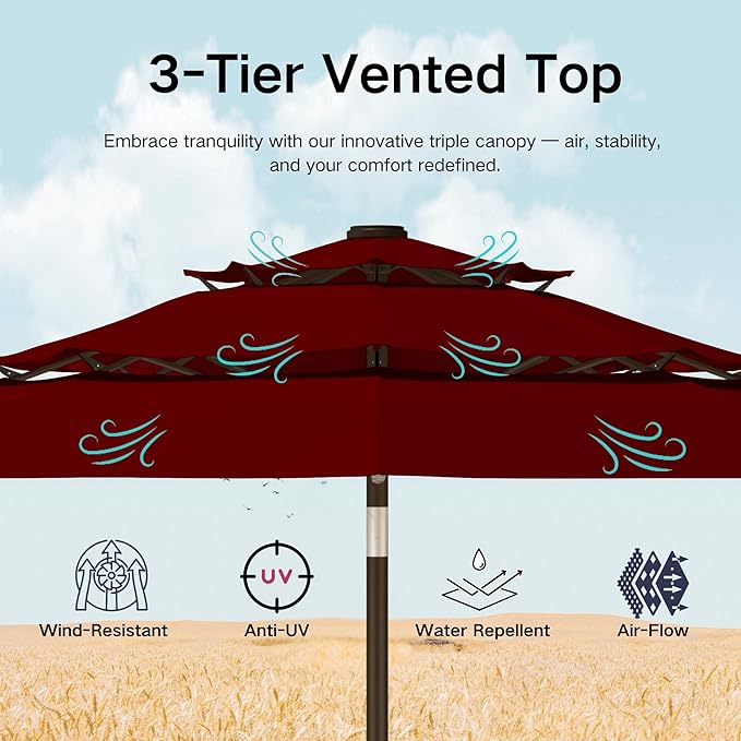 Kingdura 9ft 3-Tier Patio Umbrella with Solar Lights, Table Umbrella Outdoor Patio with Easy Crank & Tilt, 8 Sturdy Ribs, UV Protection, 32 LED Lights for Deck, Poolside, Market (Dark red)
