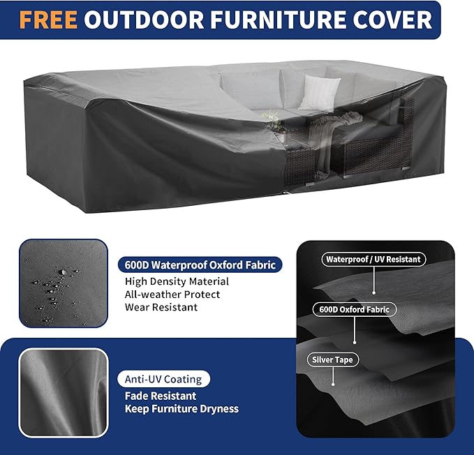 Patio Furniture Set, 10-Piece Outdoor Sectional with Waterproof Cover, All-Weather Wicker Patio Conversation Sets for Backyard (Brown with Grey Cushion)