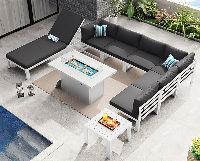 NICESOUL 9 Piece Large Modern Aluminum Outdoor Seating with Lounger & Fire Pit, 29" Deep Wide Seat, 500 lbs Durable Sectional Sofa for Heavy People, Anti-Rust Patio Furniture Set for Garden, Dark Grey