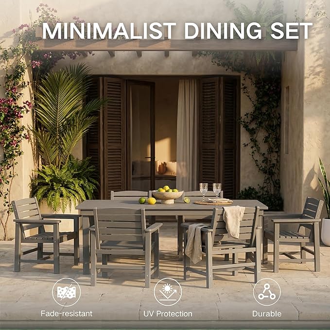 Kingdura 7 Piece Patio Dining Set for 6, HDPE Outdoor Dining Table Set with 2" Umbrella Hole, All Weather Outdoor Furniture, Table and Chairs Set for Backyard Pool Garden Porch, Grey