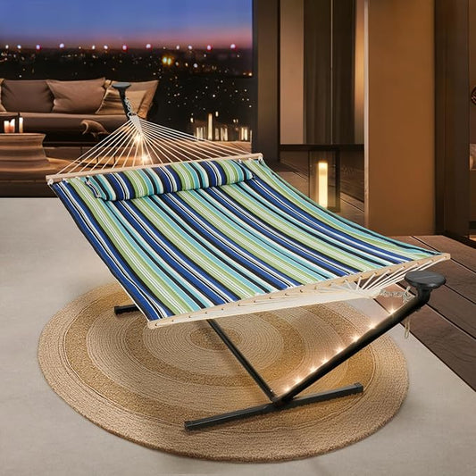 SUNCREAT Hammocks Stand Alone Hammock with Solar Powered Lights, Portable Standing Hammock, Green