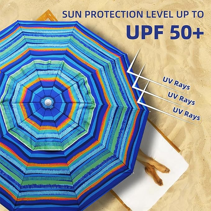 AMMSUN 8 Feet Large Beach Umbrella with Sand Anchor Heavy Duty High Wind Portable Outdoor Umbrellas UV 50+ Protection Air Vent Tilt Patio Garden Pool