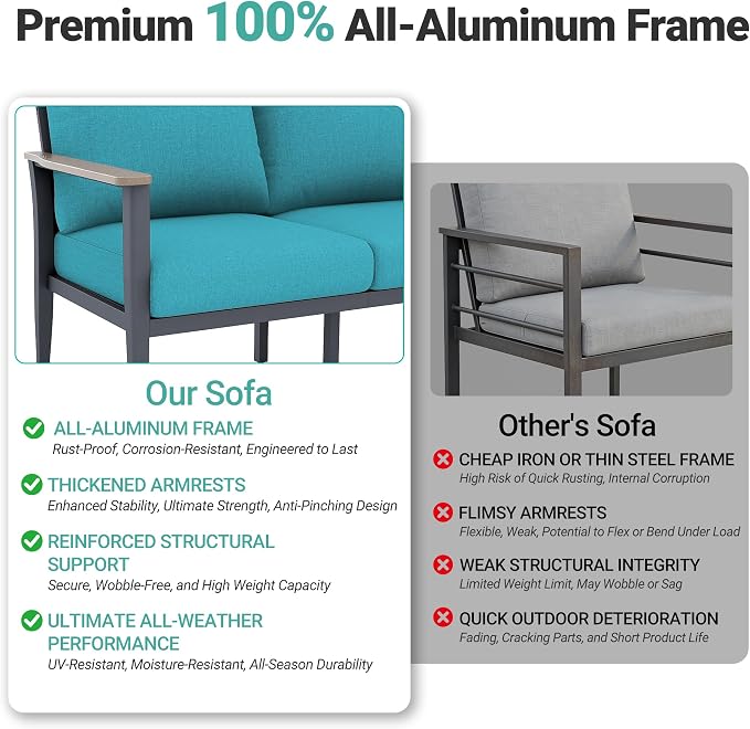 Aluminum Outdoor Patio Furniture Set with Swivel Rocking Chair 7-Piece, Patio Conversation Set Sectional Sofa with High Backrest & Thickened Cushions, Turquoise