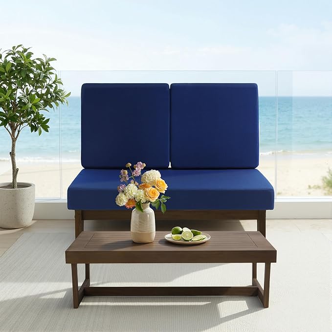 UIXE 2 Pieces All Weather Wood Patio Furniture Sets, Patio Loveseat Outdoor Sofa with Solid Wooden Coffee Table - Navy Blue
