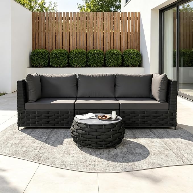 3-Seat Modular Outdoor Sofa Set with Coffee Table, Woven Rope Patio Sectional Couch, Rust-Proof Aluminum Frame, Water-Resistant Cushions for Backyard Balcony Deck, Dark Gray