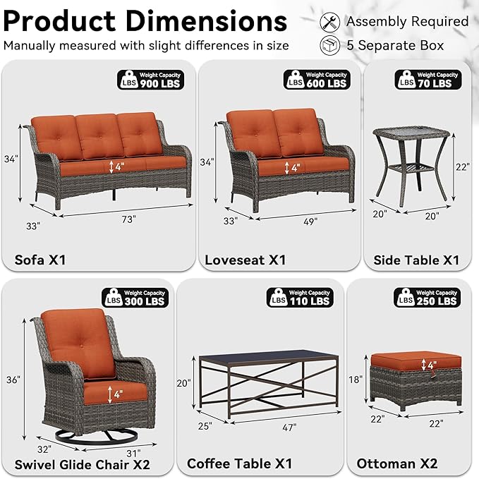 8 Piece Outdoor Wicker Patio Furniture Set, Outdoor Swivel Rocker Patio Chairs Set with Thickened Olefin Cushions, High Back and Deep Seating, Hand-Woven PE Rattan for Porch, Deck