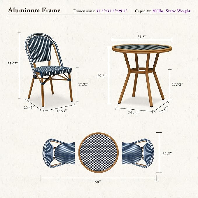PURPLE LEAF 3-Piece French Bistro Dining Set Round Outdoor Patio Table and 2 Armless Chairs Tempered Glass Top PE Rattan Bamboo Print Finish Aluminum Frame Navy Blue