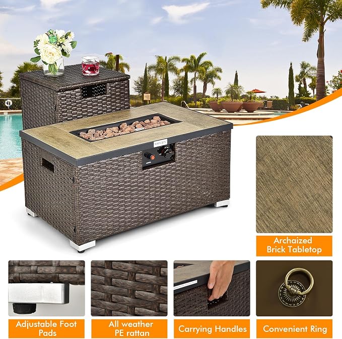 Tangkula 6 Pieces Patio Wicker Furniture Set with 32 Inches Propane Fire Pit Table and Tank Holder, Outdoor Conversation Set with Storage Box and Coffee Table, 2 Waterproof Covers Included (Black)