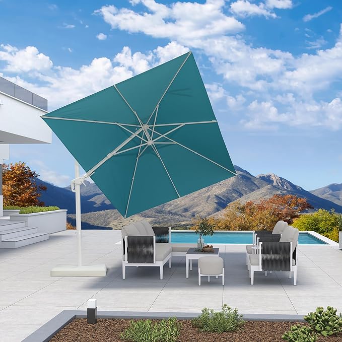 PURPLE LEAF 10 FT Right-left Tilt White Cantilever Umbrella with Base Patio Outdoor Swivel Umbrellas with Aluminum Tilt Offset Umbrella with 360° Rotation for Deck Pool, Turquoise