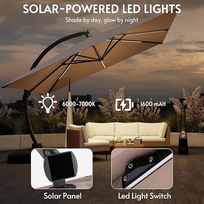 11x11FT Solar Powered LED Light Cantilever Patio Umbrella with Base Included, Large Cantilever Umbrella with 360°Rotation, Heavy-Duty Offset Outdoor Umbrella for Patio,Pool,Backyard (Champagne)