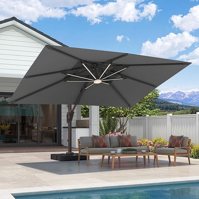 9x12 FT Cantilever Patio Umbrella with Base and Led Lights Double Top Outdoor Rectangular Large Heavy Duty Aluminum Offset Umbrellas with 7 Level Tilt 360-degree Rotation for Pool Garden Deck, Grey