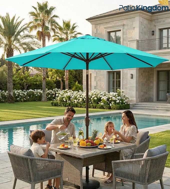 PatioKingdom 9FT Patio Outdoor Umbrella-UPF 50+ Sun Shade with Wind Vent, Push-Button Tilt & Smooth Crank Lift, Rust-Resistant Fiberglass Frame for Garden, Backyard,Yard (Peacock Blue)