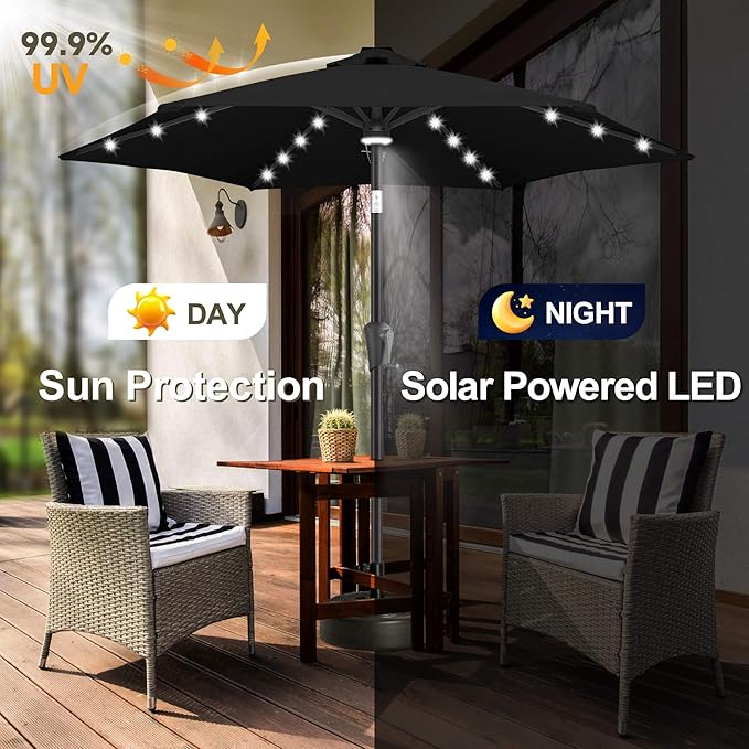 FLAME&SHADE 7.5 FT Solar Light Patio Umbrella, 24 LED Lights Outdoor Umbrella with Centre Surround Light, Table Umbrella Outdoor Patio for Deck, Pool, Backyard, Garden, UV Protection (Black)