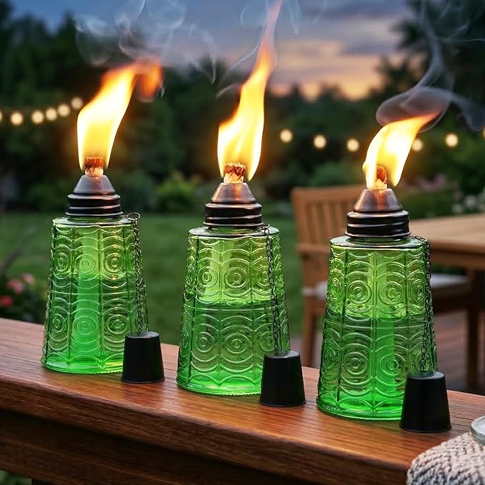 Seraphic Citronella Table Top Torches for Outdoor Patio, 16oz Decorative Glass Torch Citronella Candles for Outside Deck, Garden, Parties, Set of 3, Green
