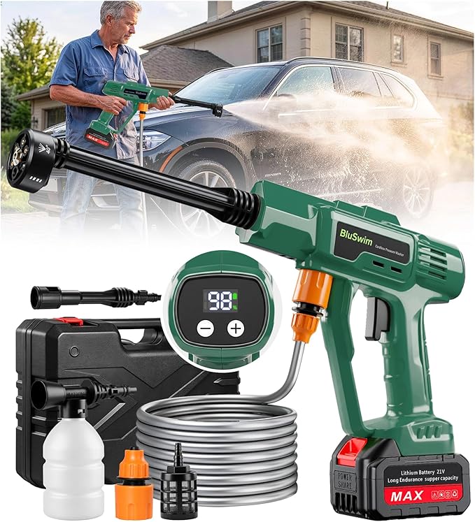 BluSwim Cordless Car Cleaning Tool with LCD Display, Portable Vehicle Cleaner with Brushless Motor, 3 Levels Adjustable Battery Powered Water Sprayer with 16.5FT Hose, 6-in-1 Nozzle for Patio - Green