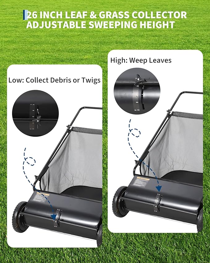 Heavy-Duty 26-Inch Hand-Push Lawn Sweeper with 7 Cu.ft. Collection Bag & Adjustable Brush Reel - Ideal for Picking Up Grass, Leaves, and Yard Debris on Any Terrain