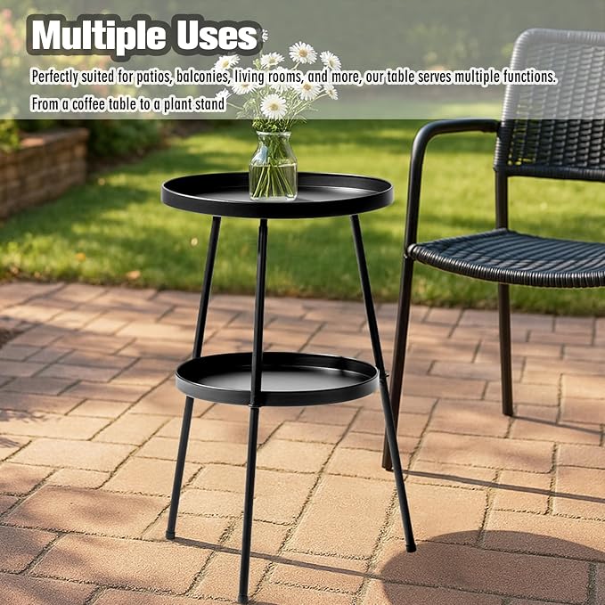 2 Tier Outdoor Side Tables for Patio, Round Metal Lawn Bistro Portable Leisure Standing Coffee End Table, Indoor Tray for Living Room Bedroom Balcony Poolside and Office (Black)