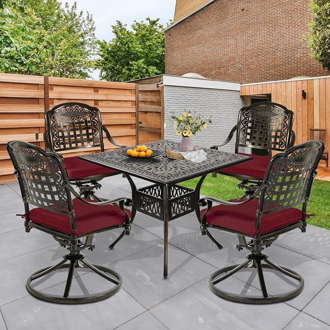 5 Piece Patio Dining Set, Outdoor Table and Chairs Set for 4 Cushioned Swivel Rocking Chairs and 35.4'' Square Table, All-Weather Cast Aluminum Patio Funiture Set, 2.2'' Umbrella Hole, Red