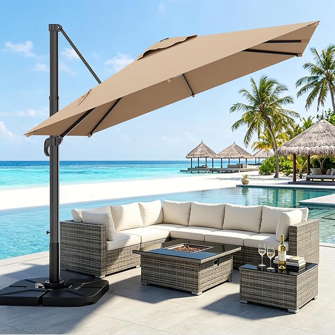 AreShark 9 × 9FT Square Cantilever Patio Umbrella with Base Included, 360° Rotation Offset Outdoor Umbrella, 5 Tilt Settings Heavy Duty Hanging Parasol for Deck Garden Pool, Beige