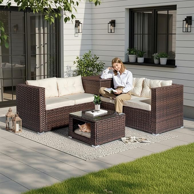 VINGLI 4 Pieces Outdoor Sectional Wicker Patio Furniture Set, Patio Sectional Sofa with Hidden Storage Outdoor Conversation Set, Glass Top Coffee Table for Backyard, Pool, Garden(Brown)