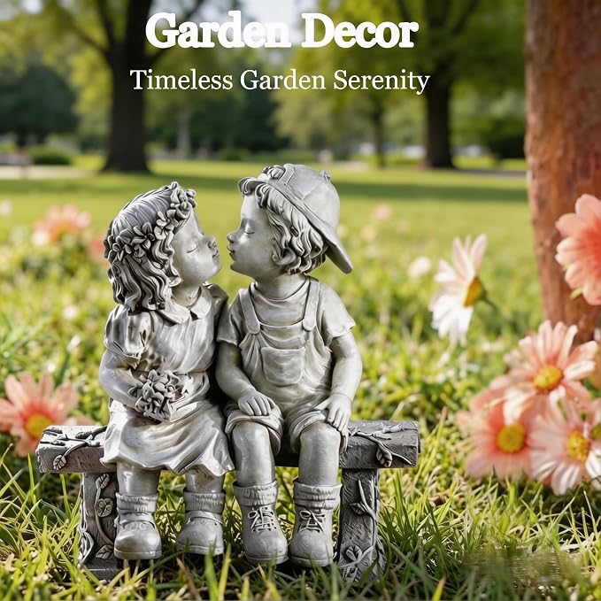 First Kiss Garden Outdoor Statue Decorative, Flower Bed Decor Puppy Love Kissing Couple, Boy and Girl Kissing Garden Figurine for Yard Patio Art