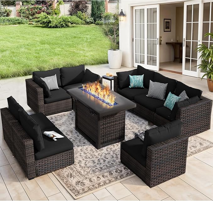 9 Pieces Patio Furniture Set with 44" Fire Pit Table, Rattan Outdoor Sectional Conversation Sets, All Weather Outdoor Furniture Set with Cushions for Garden Lawn Balcony Porch Deck Black
