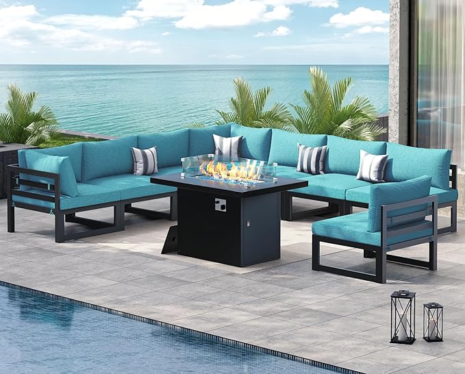 NICESOUL 9 Piece Modern Aluminum Patio Furniture Set with Fire Pit Table, 500 lbs Heavy Duty Outdoor Sectional Sofa, 29" Deep Wide Oversized Seating L Shaped Conversation Couch for Garden, Turquoise