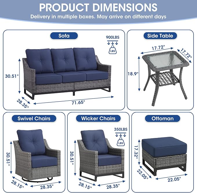 3 Piece Patio Furniture Set, Grey Wicker Outdoor Conversation Set with 2 Wicker Chairs and Side Table, 6-Inch Thick Cushions, High Back Seating, Blue Olefin Covers for Porch, Deck