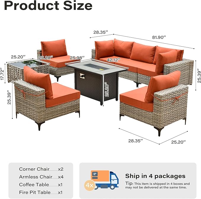 8 Pieces Patio Furniture Set with 42" Fire Pit, All-Weather Rattan Outdoor Sectional Conversation Sets L Shaped Sofas with Solar Light Coffee Table for Porch Backyard,Coarse Stripes Red