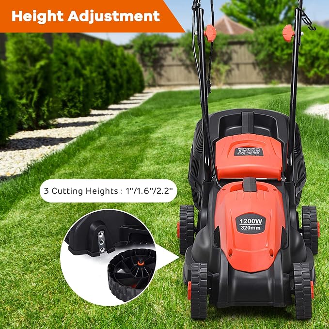 IRONMAX Electric Lawn Mower, 12.5 Amp 1200W Corded Push Mower with 3 Cutting Heights, 30L Grass Collection Bag, Folding Handle, 13" Walk-Behind Lawn Mowers for Yard Garden Farm (Red)