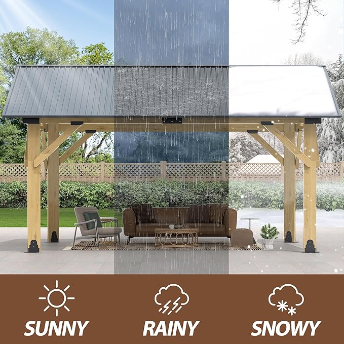 13' x 15' Wood Gazebo, Outdoor Hardtop Gazebo with Galvanized Steel Roof, Cedar Wooden Frame Gazebos for Garden, Patio, Deck