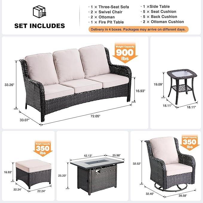 ovios 7-Pieces Patio Furniture Set with 42 Inch Fire Pit Table Swivel Chairs, Outdoor Wicker Sofa Couch Gliders Rocker, High Back Modern Conversation Set, Brown Rattan, Beige