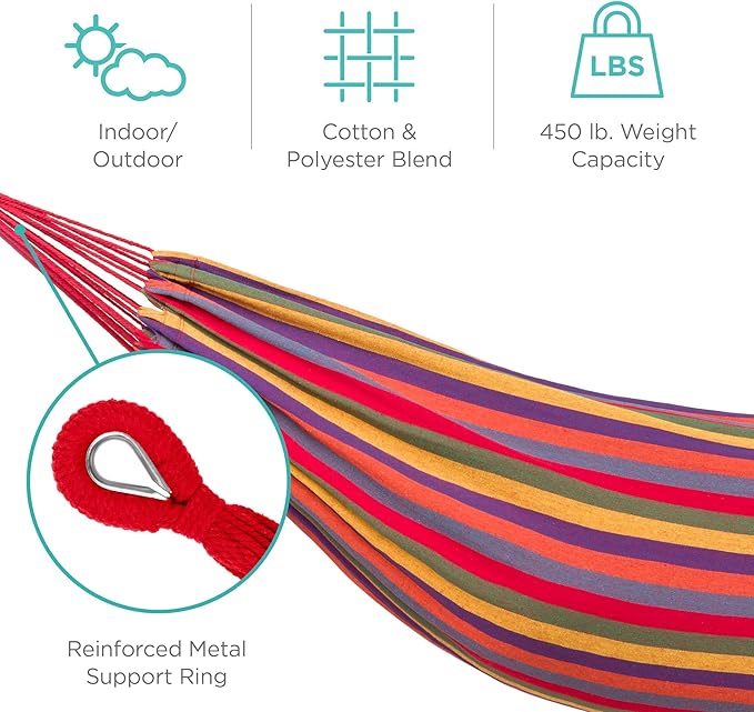 2-Person Cotton Double Hammock Bed with Portable Carrying Bag, Lightweight Hammocks for Backpacking, Travel, Beach, Backyard, Patio, Hiking (Rainbow)