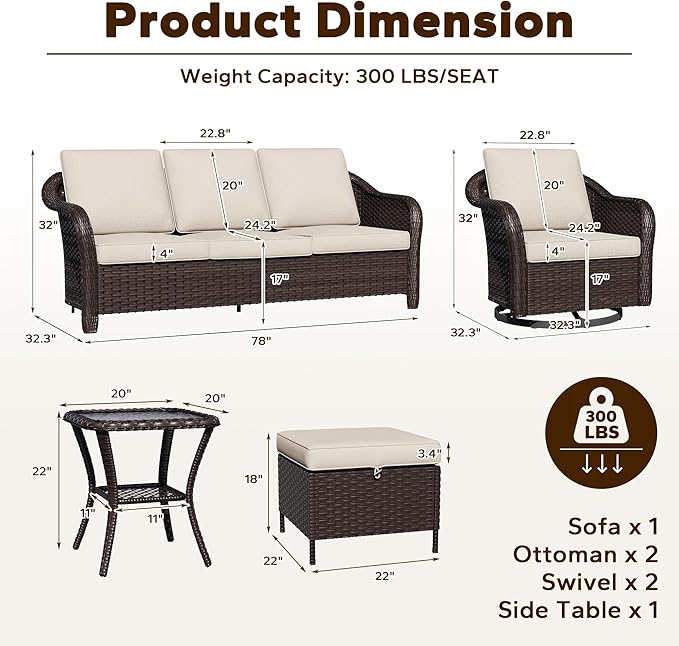 6 Piece Patio Wicker Conversation Set, All-Weather Use Outdoor Wicker Sofa with 2 PE Rattan Ottomans,2 Swivel Chair, 1 Side Table, Ideal for Porch, Backyard, Balcony, Poolside, Beige
