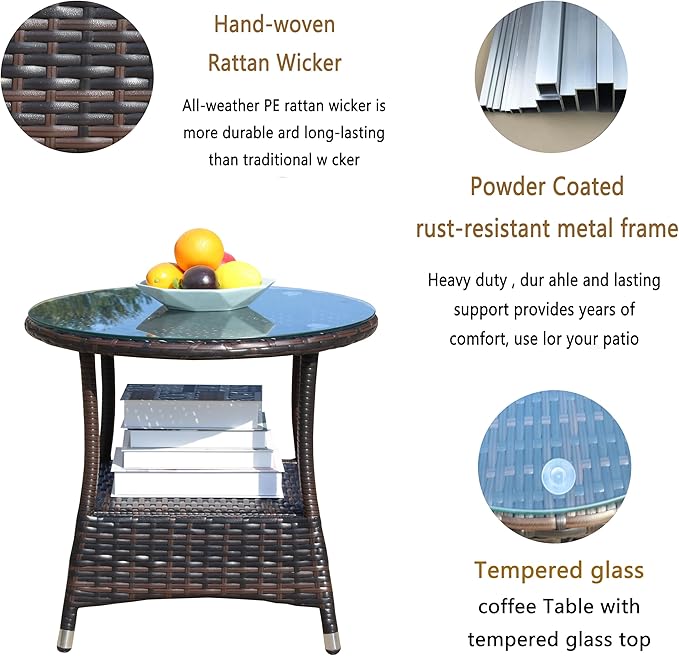 Round Outdoor PE Wicker Side Table with Storage, Patio Rattan End Table Round Glass Top Table for Furniture Gardening Tools