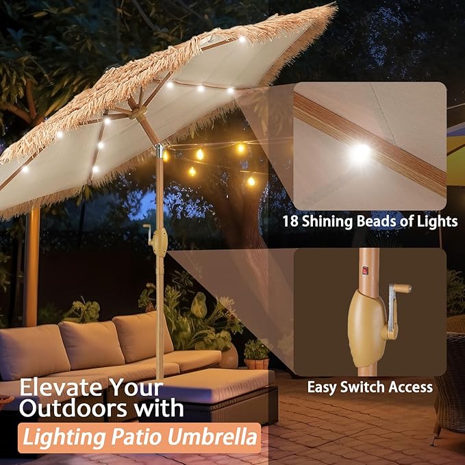GDY 7.5ft Tiki Patio Umbrella Outdoor Table Umbrella(Optional with Light or Base), Market Umbrella,with Crank for Patio, Garden, Lawn, Deck, Backyard & Pool