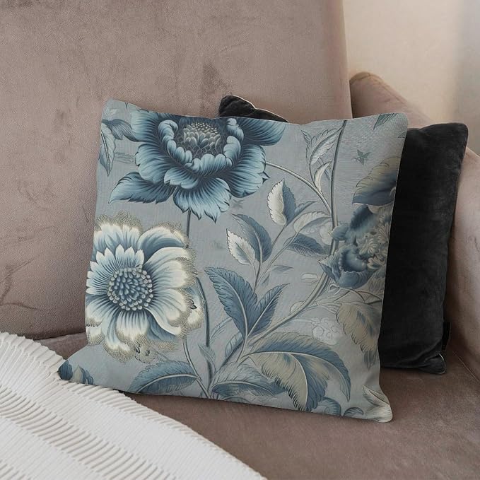 Spa On Flax Blue Chinoiserie Pillowcase Blue Grey Asian Flower Throw Pillow Cover Retro Outdoor Waterproof Decorative Pillow Cover for Patio Garden Couch Tent 26x26 in