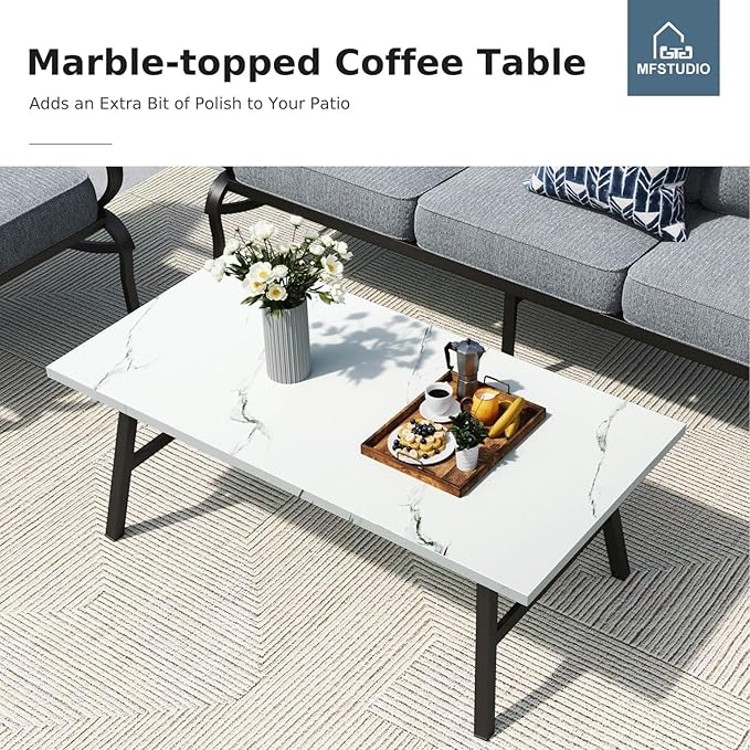 MFSTUDIO 6 Pieces Metal Patio Furniture Sets, 2 Swivel Chair, 1 Deep Seating 3-Seat Sofa, 2 Ottoman & 1 Marbling Coffee Table, All Weather 7 Seats Outdoor Conversation Set for Garden Backyard, Grey