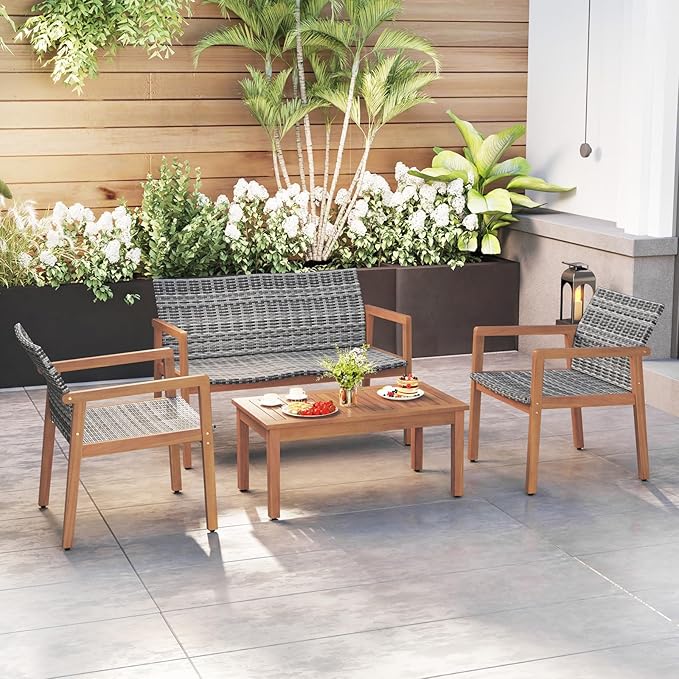HAPPYGRILL 4-Piece Patio Furniture Set, PE Rattan Patio Bistro Set with Loveseat, Single Chairs & Coffee Table, Outdoor Acacia Wood Conversation Set for Garden, Backyard, Poolside & Porch