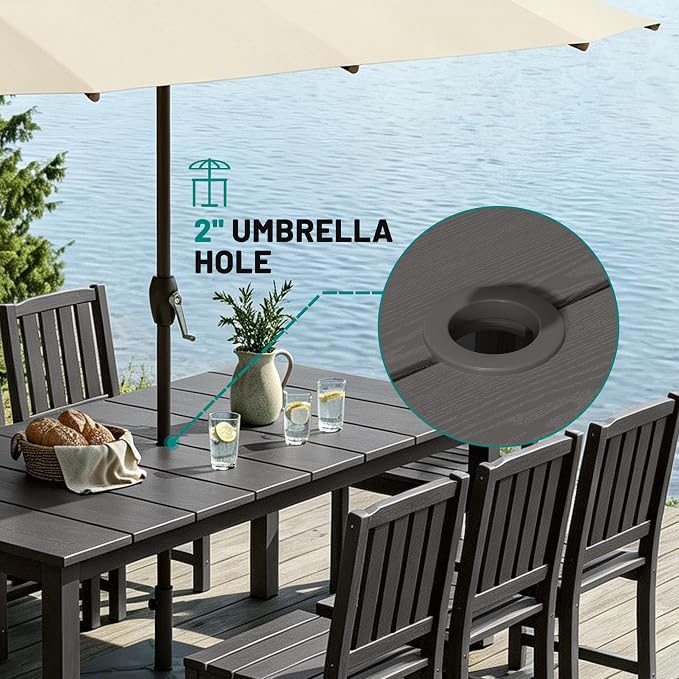 PLUUV 7-Piece Outdoor Dining Set – HDPE Patio Furniture with Umbrella Hole Table, Aluminum Legs, and 6 Armless Chairs, Weatherproof & Easy-Clean for Backyard, Garden, Grey