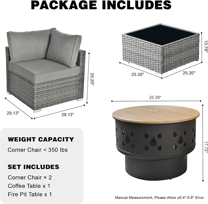HOOOWOOO 4-Piece Outdoor Wicker Patio Furniture Set, Modular Sectional Sofa with Cushions, Side Table, and Fire Pit Table, All-Weather Rattan Garden Seating for Patio, Porch, or Balcony (Dark Grey)