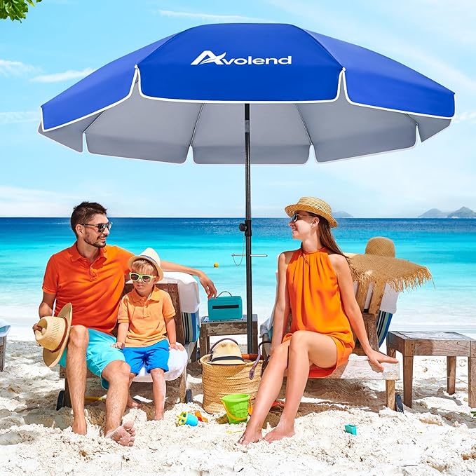 8.5FT Beach Umbrella, Portable Outdoor Umbrellas for Sand with Anchor Heavy Duty High Windproof, Height Adjustable Tilt Iron Pole, Patio Umbrella UV 50+ Protection Air Vent, Patio Garden Pool