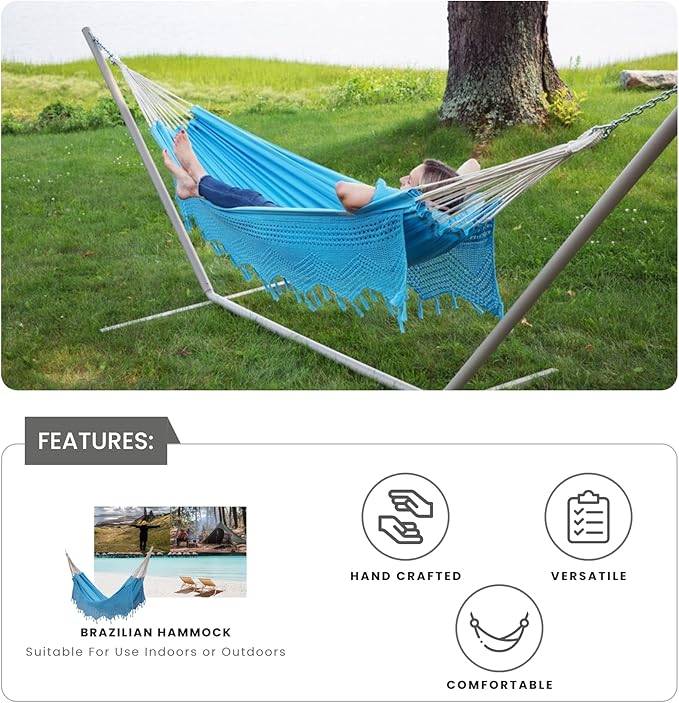 Bahia Brazilian Patio Hammock Crochet Cotton Hammock Double Hammock for Two People Outdoor Patio Swing Chair Hand Woven Mayan Hammock Use Inside Outside Backyard Decor Porch Swing - Blue