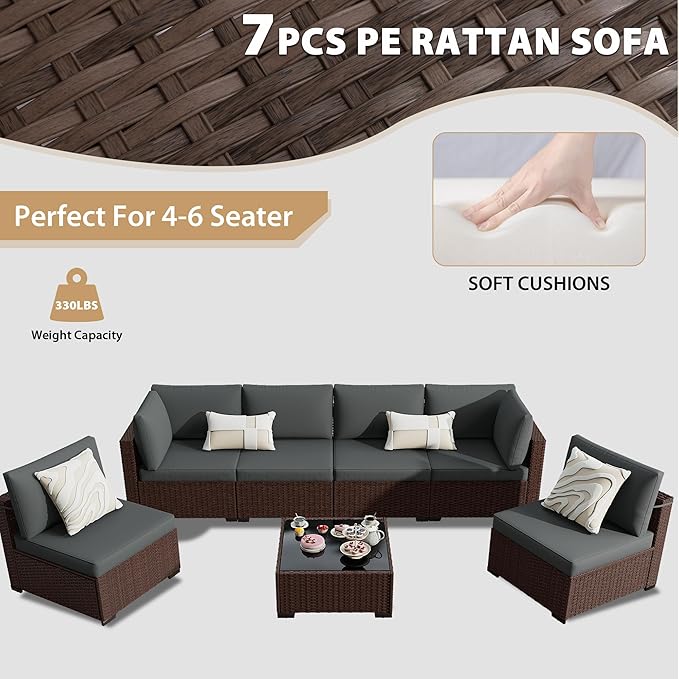 KIGOTY Patio Furniture Set,7 Pieces Modular Outdoor Sectional Sofa, PE Rattan Patio Conversation Set, All Weather Wicker Patio Furniture with Cushions and Coffee Table（Brown/Dark Grey）