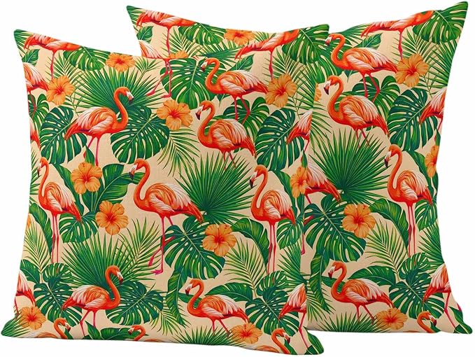 Red Flamingos Outdoor Pillow Covers 16"x16" Set of 2, Jungle Plants Hibiscus Flower Green Leaf Botanical Waterproof Throw Pillow Covers for Patio Furniture, Decorative Cushion Covers for Porch