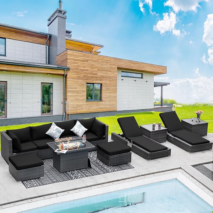 BULEXYARD 11 Piece Large High Back Grey Rattan Patio Furniture Sets with Firepit and Loungers, Comfortable Deep Wide Seat Outdoor Sectional Conversation Couch Sofa Modualr, Gray Wicker & Black Cushion